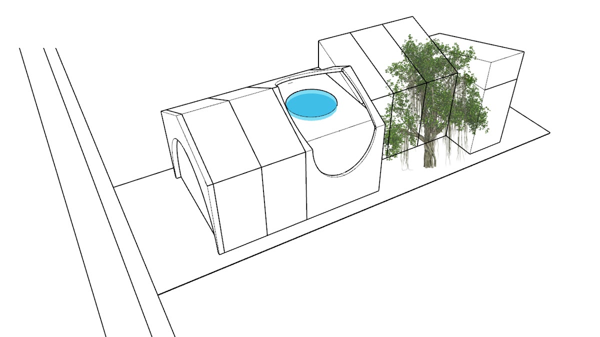 Llega la piscina, y es el primer color en cualquiera de estas láminas — un disco azul recortado en la cubierta.