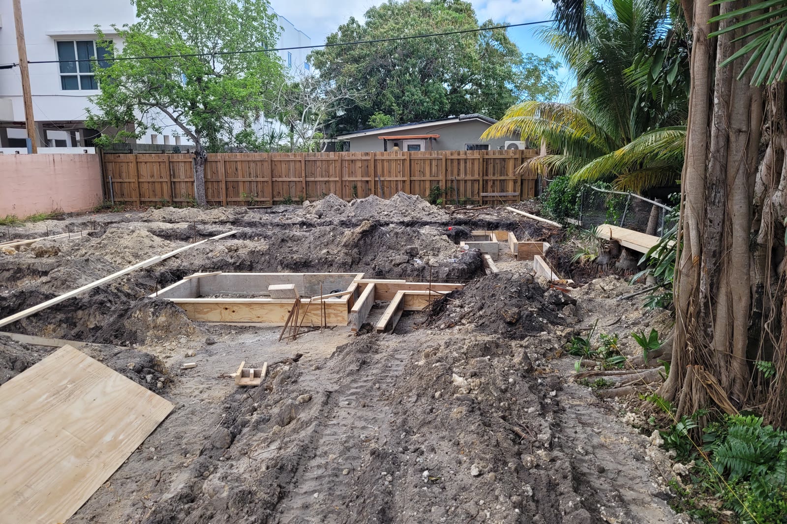 Footing forms and the first reinforcing. The bars leaving these footings are the same bars that end up carrying the…