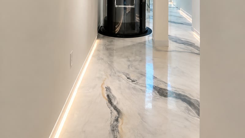 The LED baseboard: a continuous line of light at the base of the plaster, running the length of the hall and carrying…