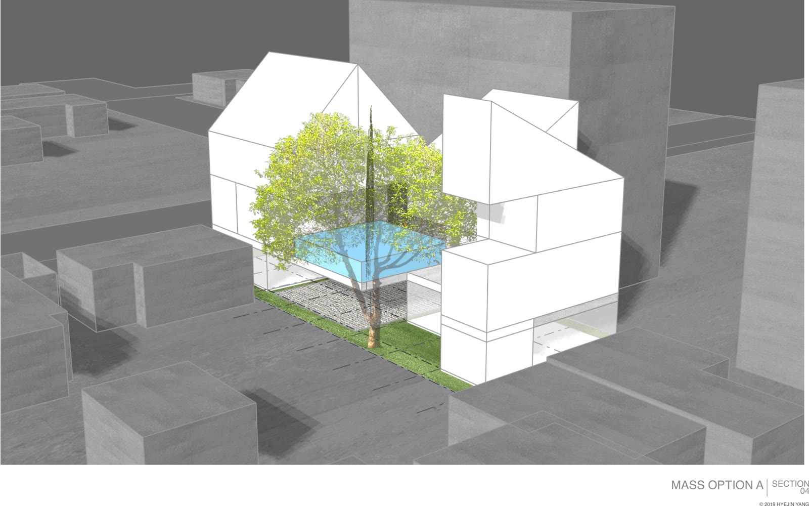 La Opción A desde arriba: hastiales sobre el patio de la piscina, el árbol subiendo por el medio.