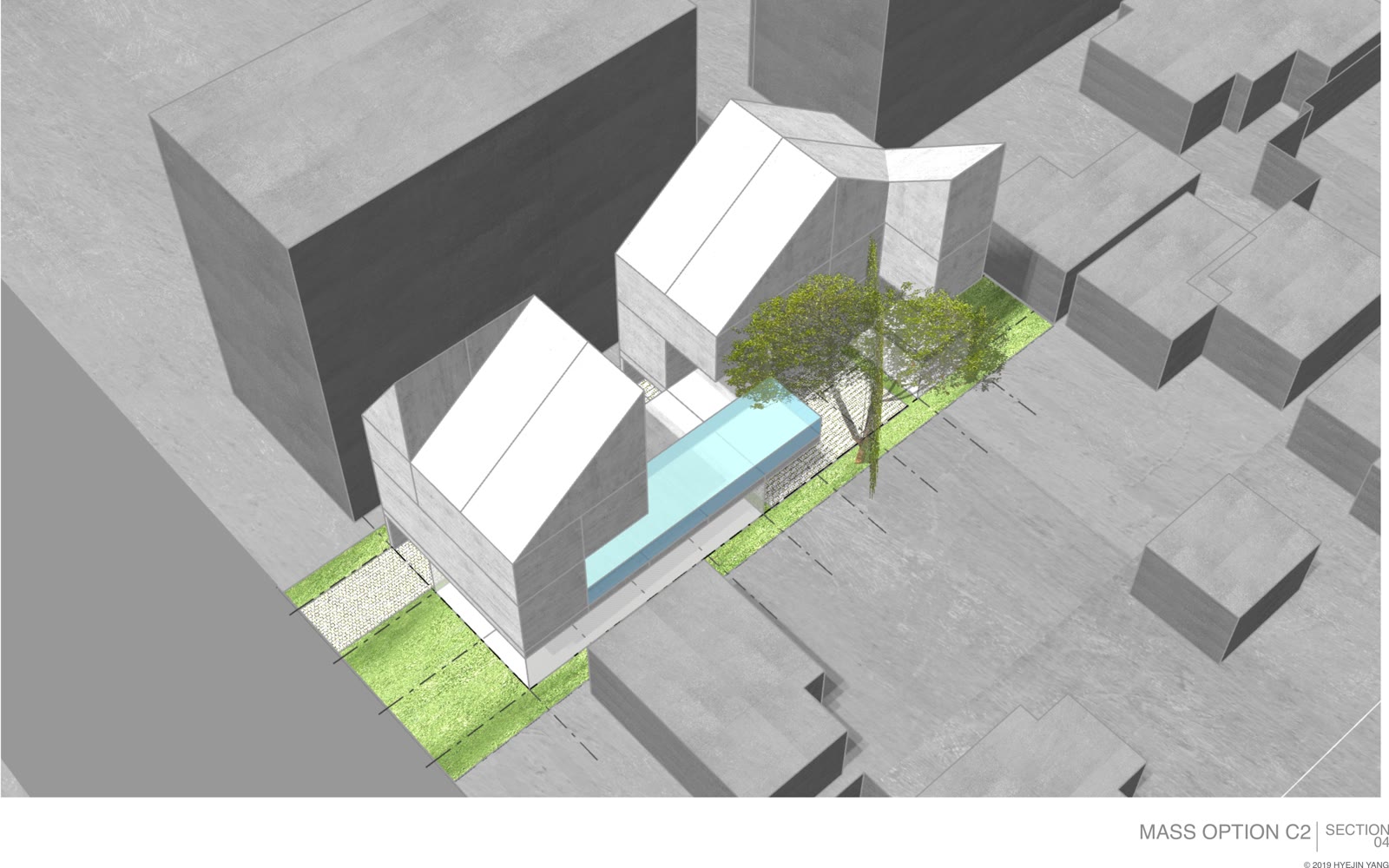 The pool was in the massing from the start — drawn as a long cut of water between the two volumes, four years before it…