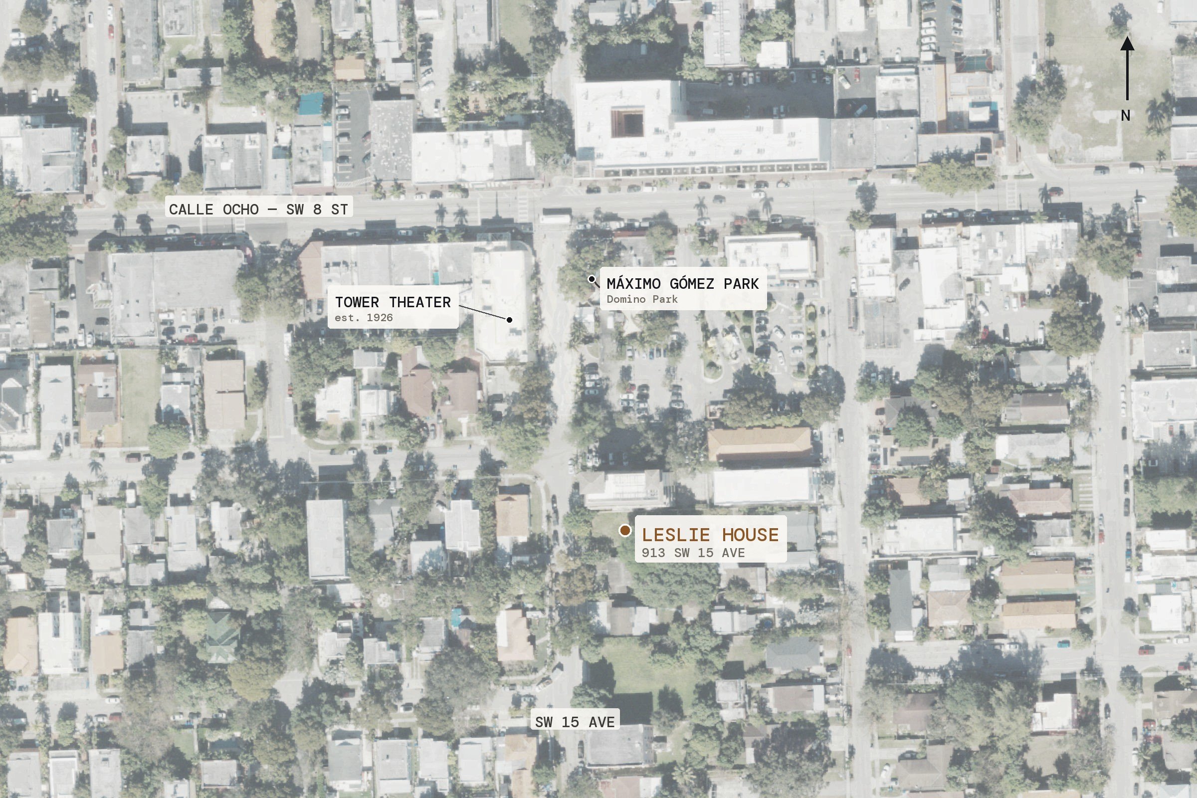 Fotografía aérea de cuatro cuadras de Little Havana. Leslie House está marcada en cobre en 913 SW 15 Avenue; el Parque Máximo Gómez, también llamado Parque del Dominó, está marcado una cuadra al norte sobre la misma avenida; el Tower Theater está marcado sobre la Calle Ocho al noroeste. El norte está arriba.