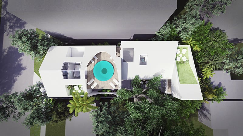 Render aéreo de SOOP: planos de cubierta plegados alrededor de una piscina redonda embutida en una terraza de madera, con copa de árbol cubriendo un costado.