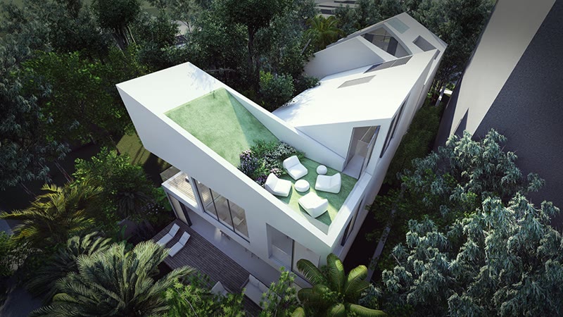 Render de SOOP de la terraza de cubierta: césped, asientos y los planos blancos plegados alrededor.