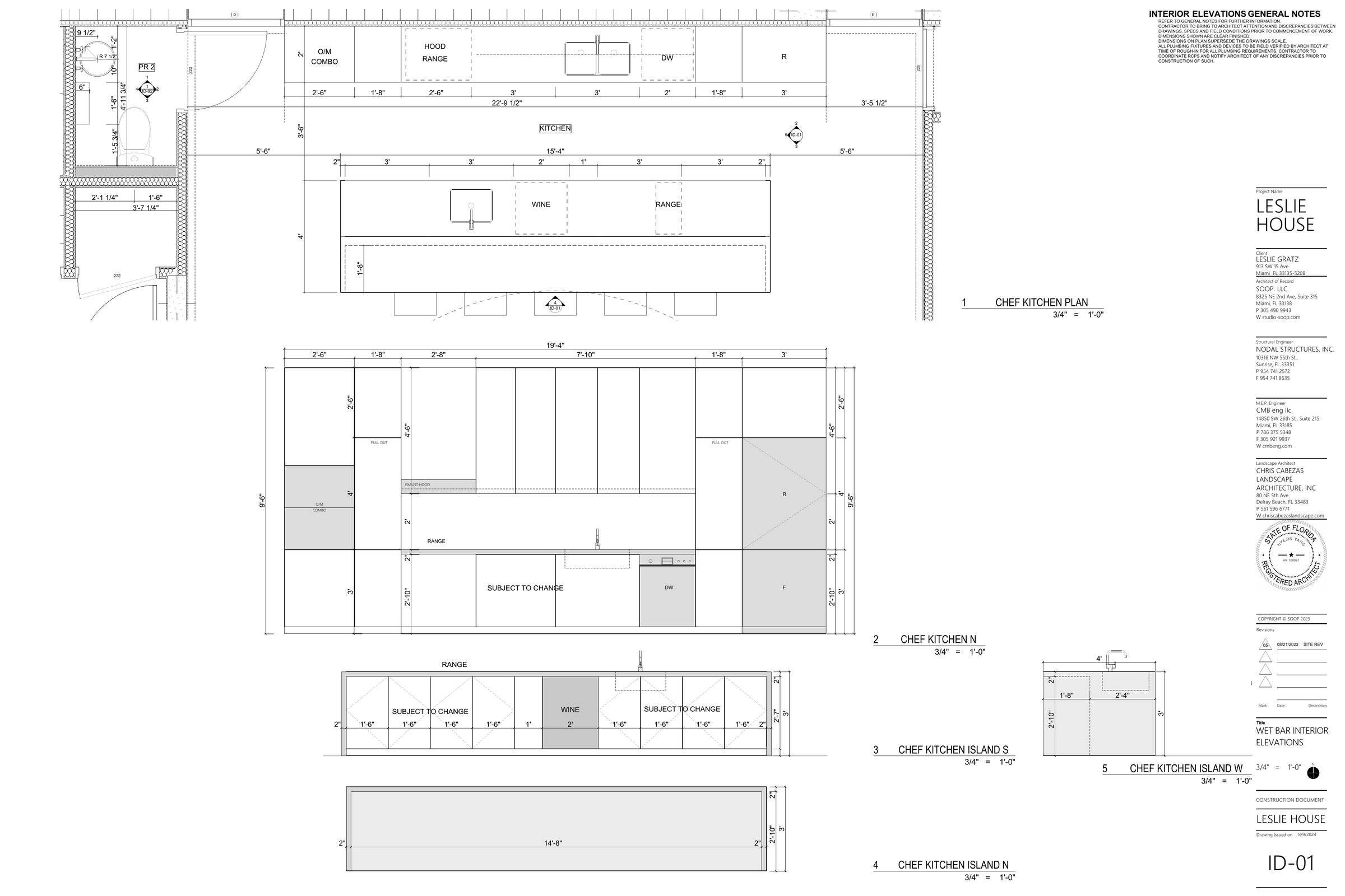 Black kitchen — the long wall and island, correctly identified on the ID-01 coordination sheet. The drawing is rendered…