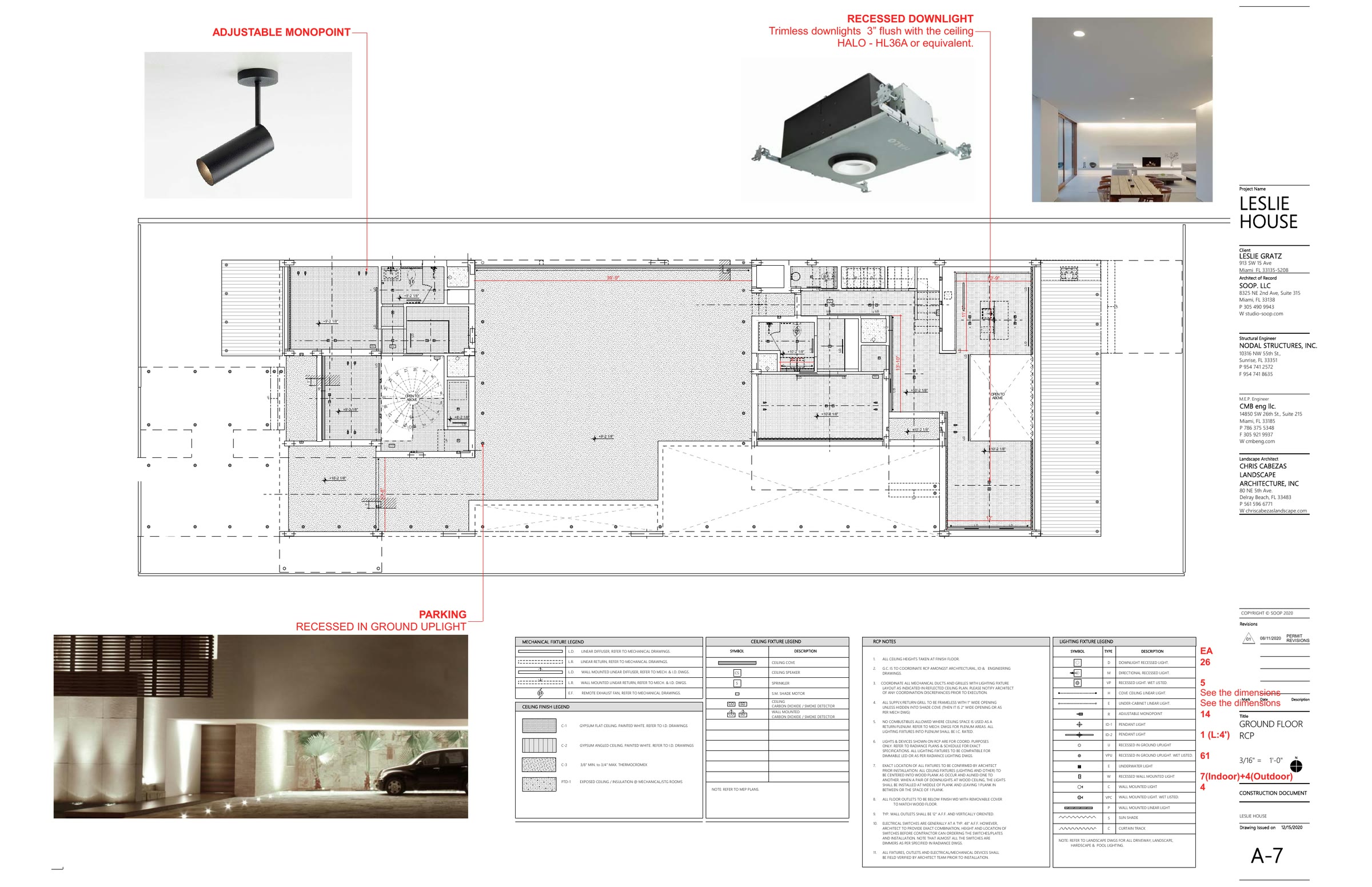 The reflected-ceiling and lighting plan makes the finish strategy explicit before construction: trimless downlights…