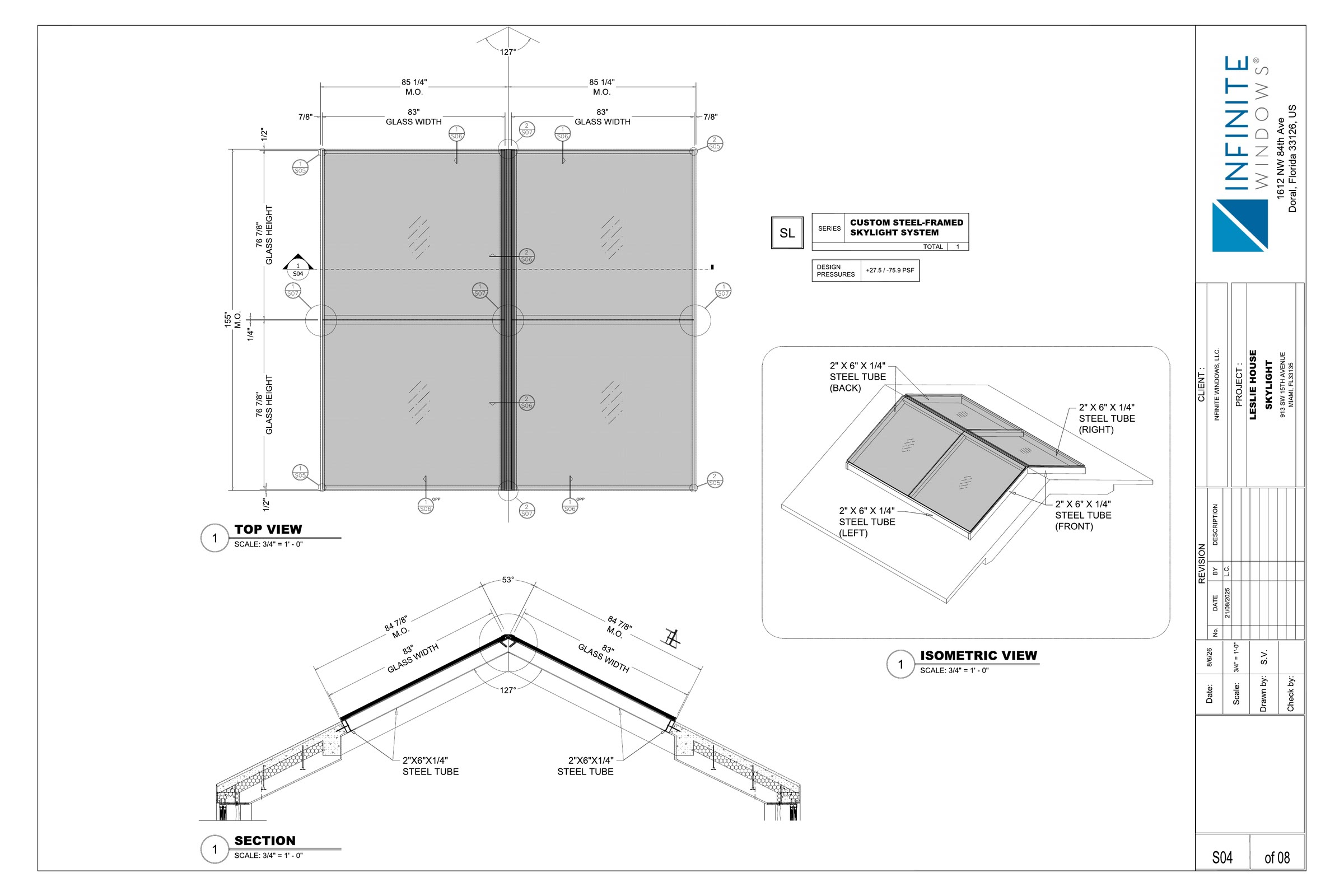The faceted skylight resolved in top view, isometric and section. The 127°/53° geometry and the project-specific design…