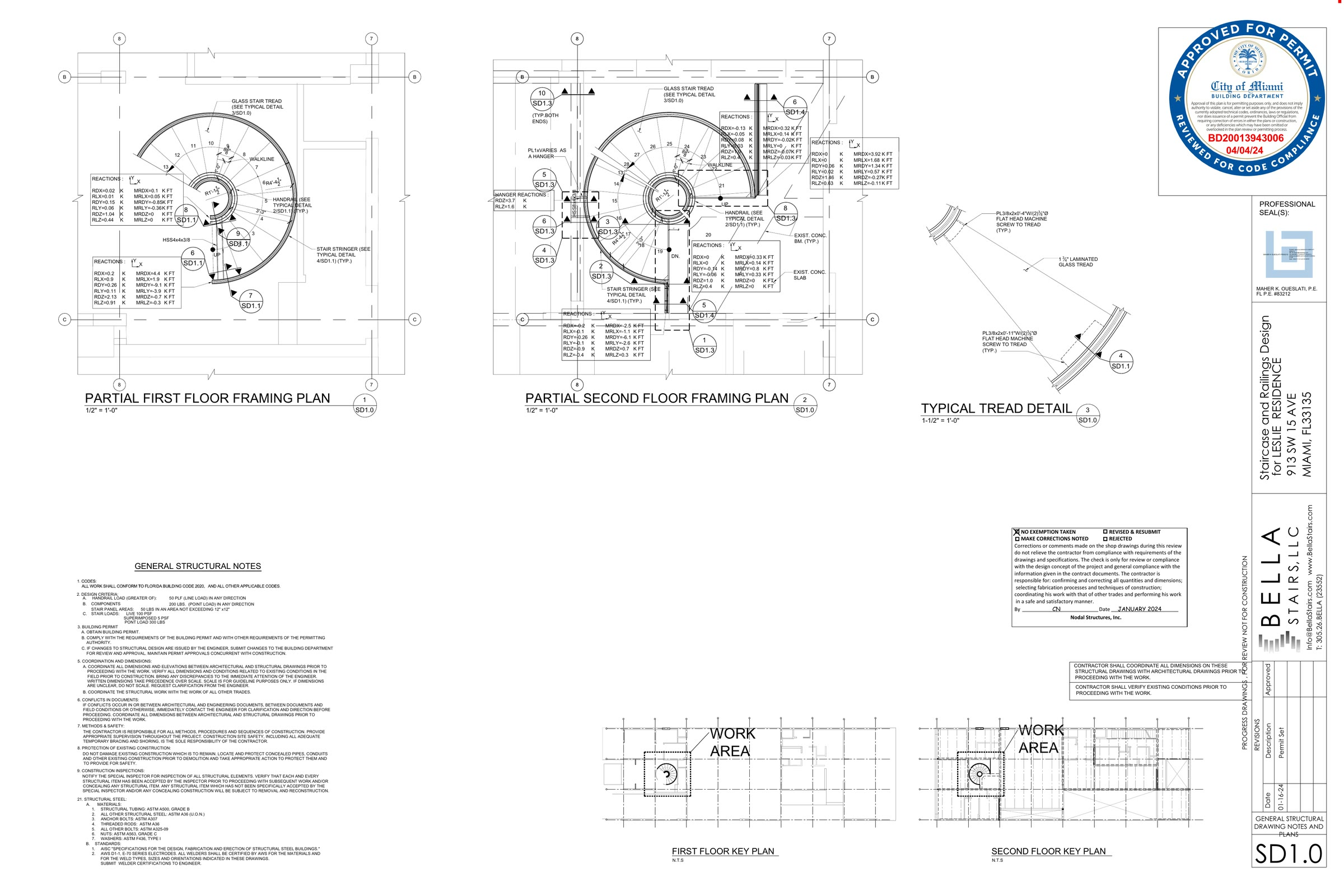 The permitted stair sheet as a drawing, not a download: framing plans, the laminated-glass tread detail, engineering…