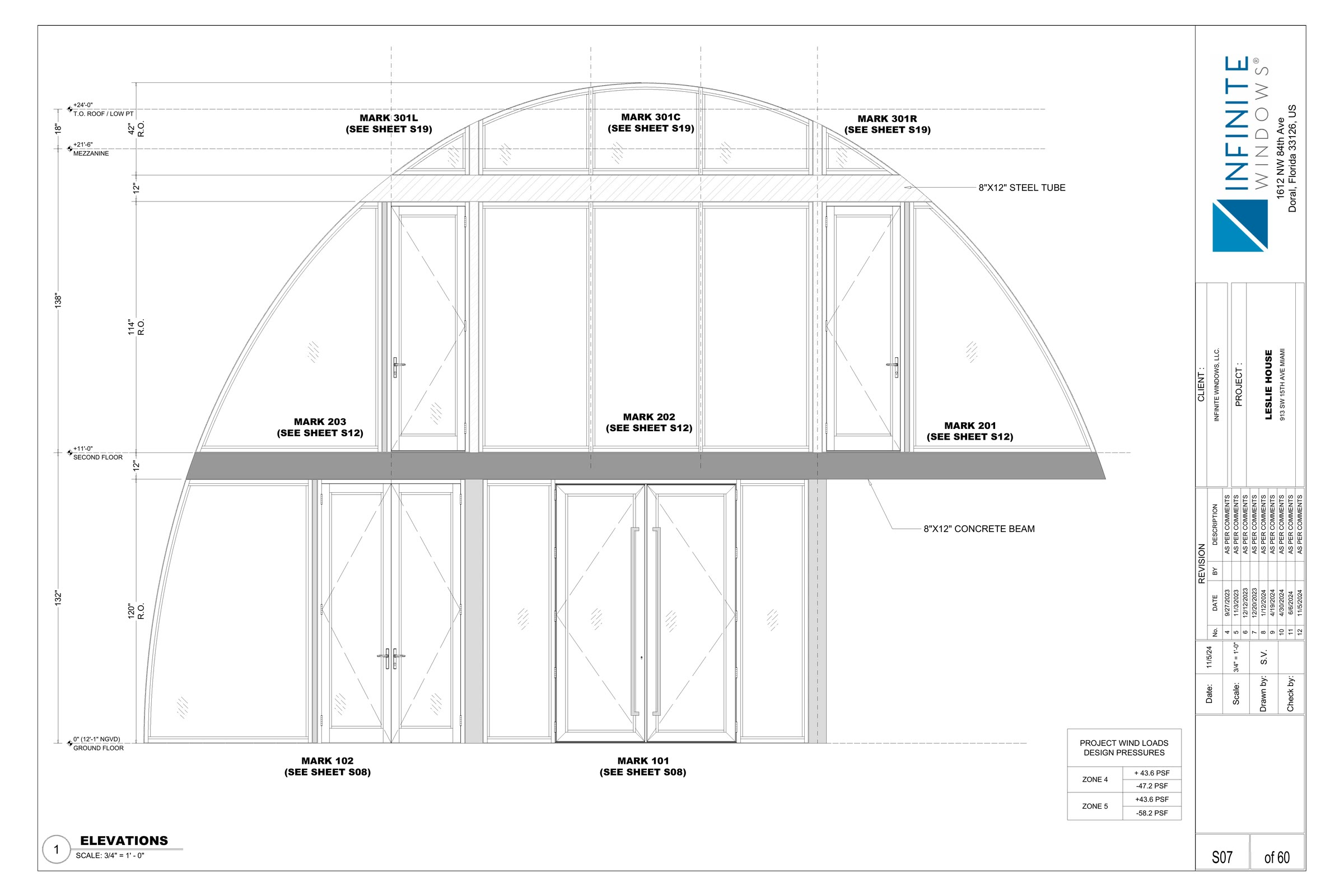 The window-wall elevation turns the curved end of the house into individual fabricated marks. Arched head pieces…